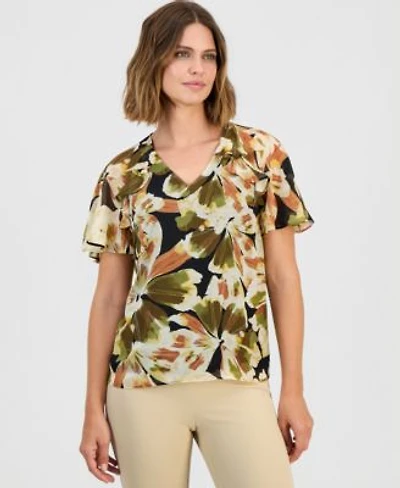 Anne Klein Womens Ruffled Flutter Sleeve Top