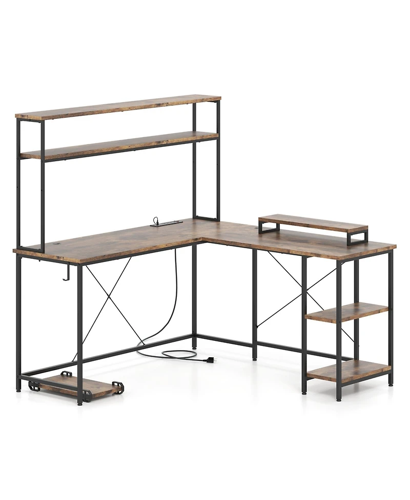 Sugift L-Shaped Reversible Gaming Desk with Led Strip and Power Outlets Hutch Monitor Stand