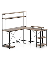 Sugift L-Shaped Reversible Gaming Desk with Led Strip and Power Outlets Hutch Monitor Stand