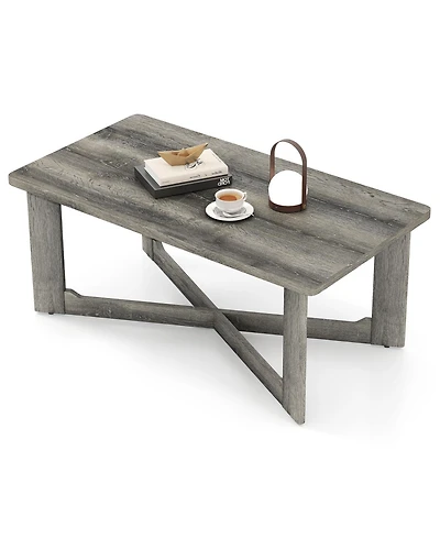 Sugift Rectangle Coffee Table Rubber Wood Base with X-Shaped Base-Gray