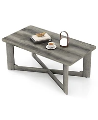 Sugift Rectangle Coffee Table Rubber Wood Base with X-Shaped Base-Gray