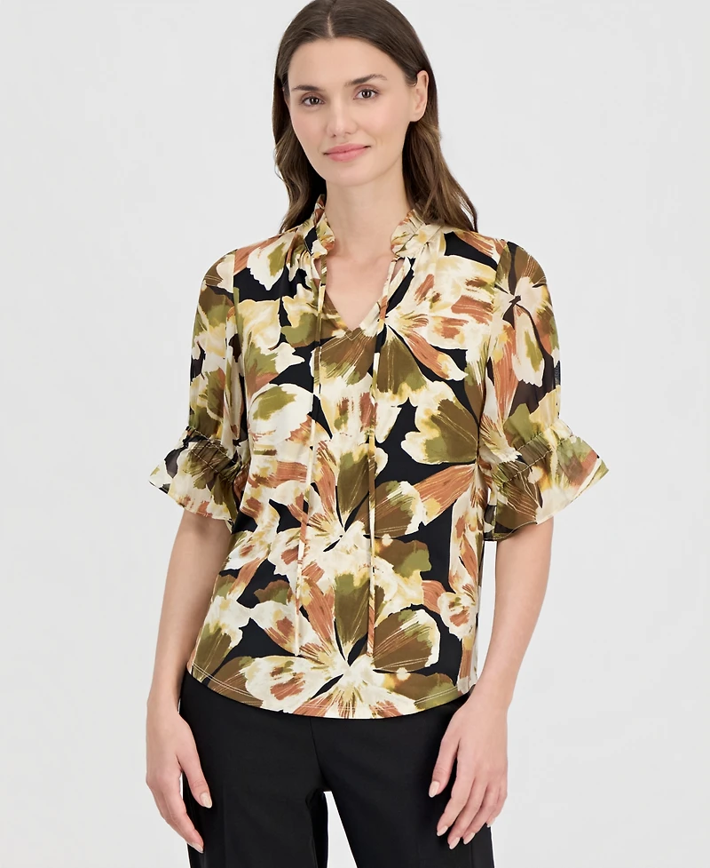 Anne Klein Women's Printed Tie-Front 3/4-Sleeve Blouse