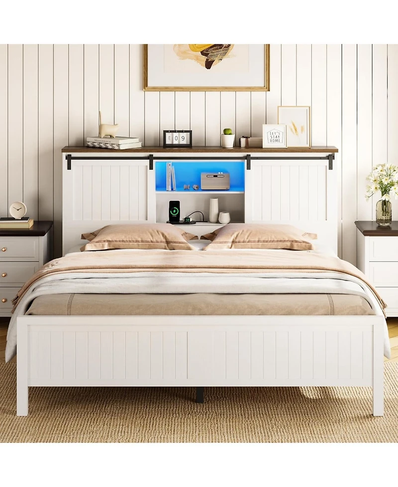 gaomon Farmhouse Bed Frame with Led Lights and Charging Station