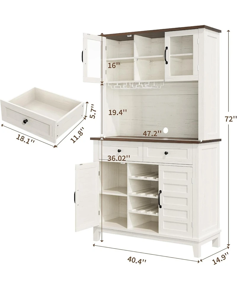 gaomon 72" Tall Kitchen Pantry Cabinet with 4 Doors and 2 Drawers, Wine Rack, Large Kitchen Storage Adjustable Shelf for Dining Room, Coffee Wine Bar