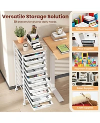 Sugift 10-Drawer Rolling Storage Cart Mobile Utility Organizer with Wooden Tabletop and Lockable Wheels