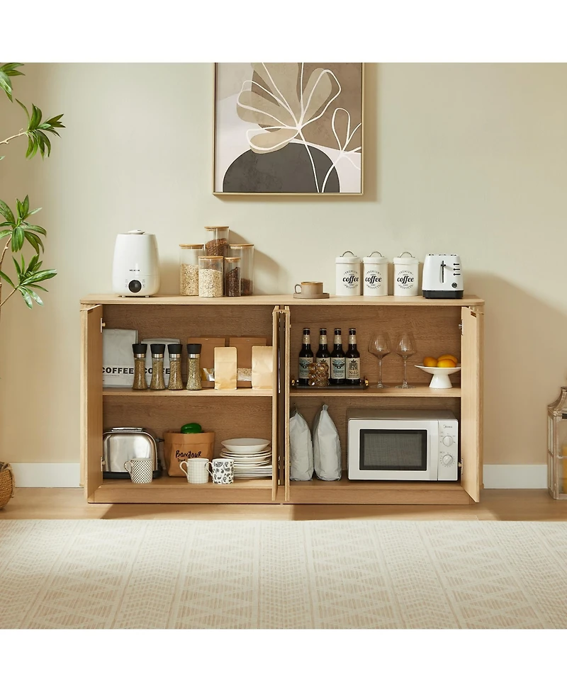 Rainsken Curved Wave Design Sideboard, Modern 4-Door Storage Buffet Cabinet with Vertical Stripes and Gold Accent Handles for Living Room