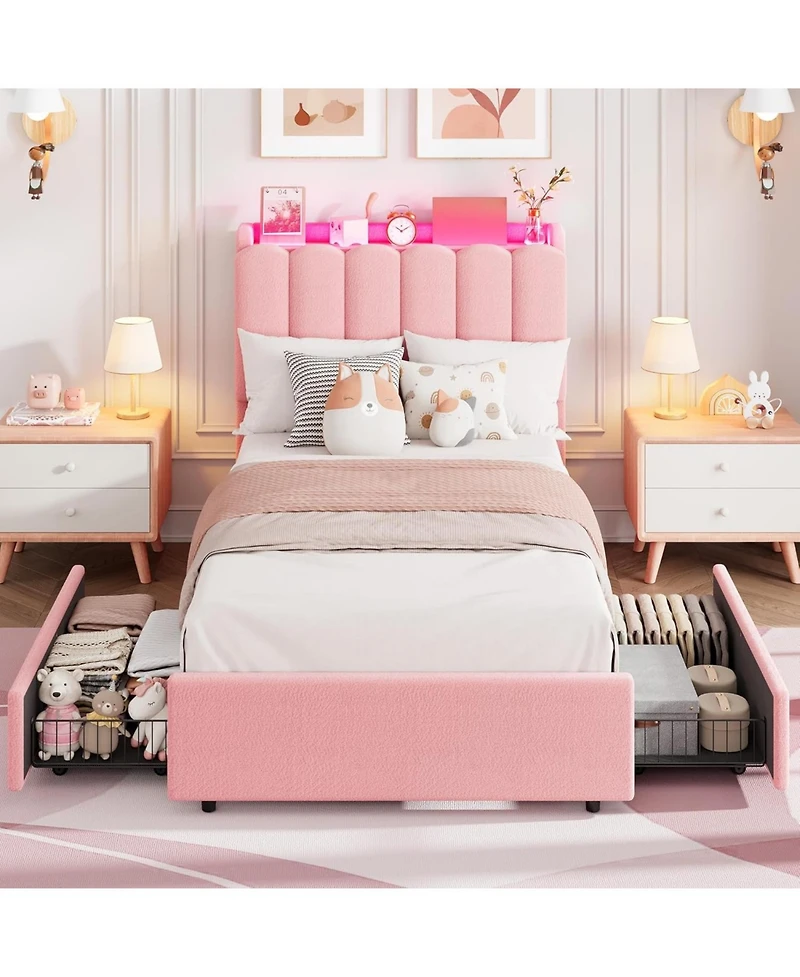 gaomon Led Bed Frame with Storage Headboard, Boucle Upholstered Platform for Girls, 2 Drawers and Bookcase