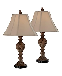 Regency Hill Regio Traditional Table Lamps 25 1/2" High Set of 2 Carved Leaf Tan Sheer Fabric Square Bell Shade for Bedroom Living Room Bedside