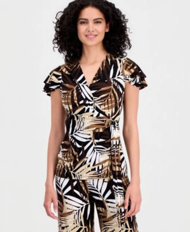 Anne Klein Womens Leo Palm Print Flutter Sleeve Wrap Top Palm Print Pull On Wide Leg Pants