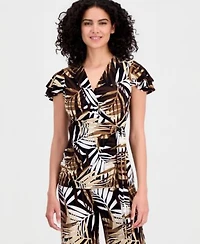 Anne Klein Womens Leo Palm Print Flutter Sleeve Wrap Top Palm Print Pull On Wide Leg Pants