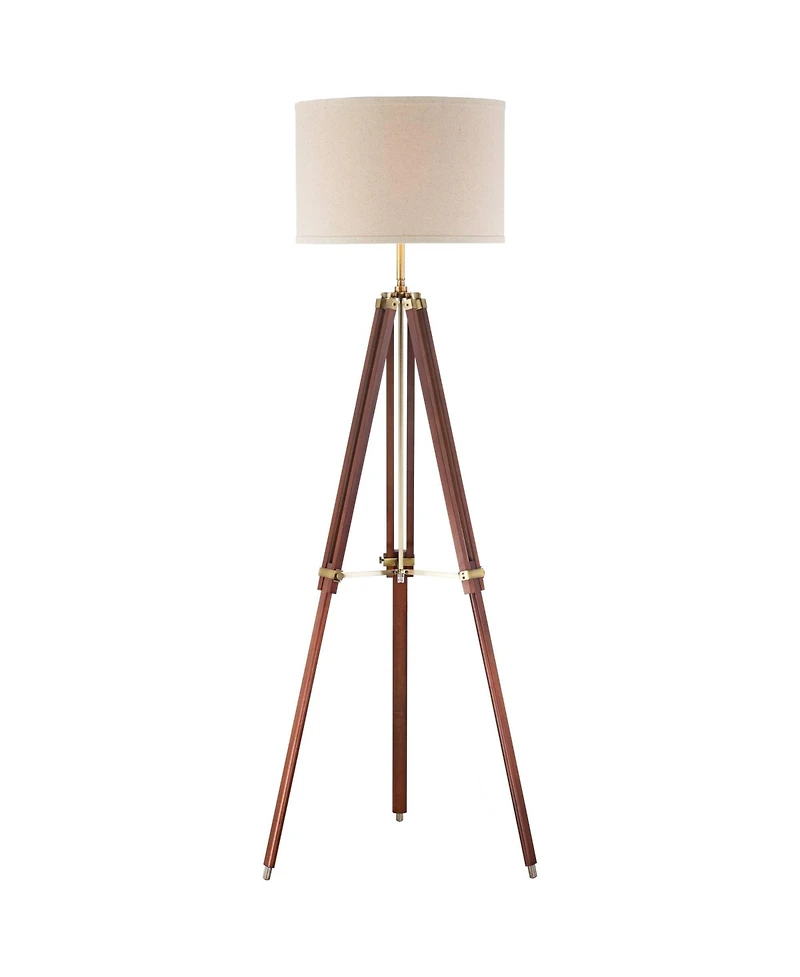 Possini Euro Design Serveyor Modern 57 1/2" Tall Tripod Floor Lamp Smart Socket Cherry Wood Brass Adjustable Shade for Living Room