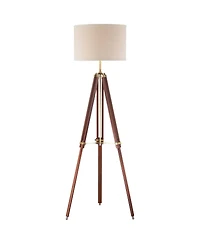 Possini Euro Design Serveyor Modern 57 1/2" Tall Tripod Floor Lamp Smart Socket Cherry Wood Brass Adjustable Shade for Living Room
