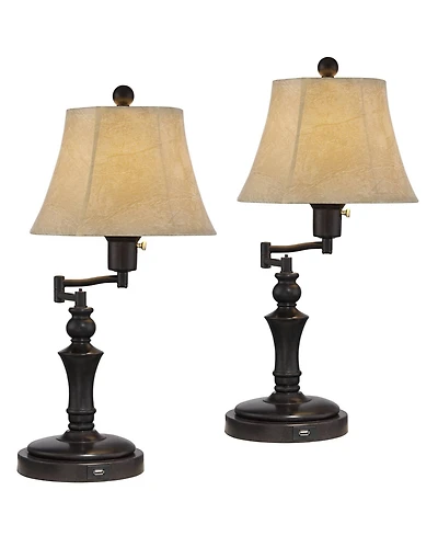 Regency Hill Corey 21 3/4" High Farmhouse Rustic Desk Lamps Set of 2 Usb Port with Socket Swing Arm Bronze Finish Metal Charging