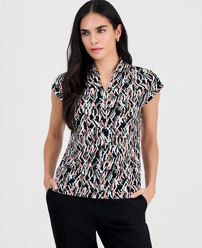 Kasper Petite Printed V-Neck Cap-Sleeve Blouse