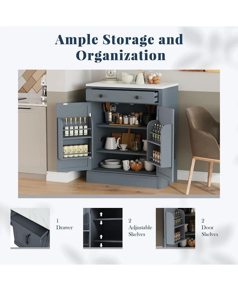 Rainsken Modern Storage Cabinet, Multi-Use Kitchen Pantry and Coffee Bar with Drawer, 2 Adjustable Shelves and 2 Door Shelves for Dining Room