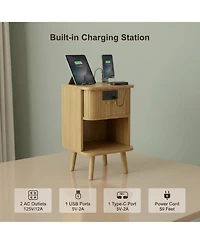 Yigii Set of 2 Fluted Nightstands Mid Century Modern Bedside Tables with Charging Station Storage Sliding Doors Open Shelf