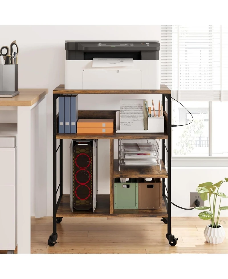 gaomon 3-Tier Mobile Printer Stand with Charging Station, Usb Ports, Storage Shelf, Under Desk Cart with Wheels for Living Room/Kitchen