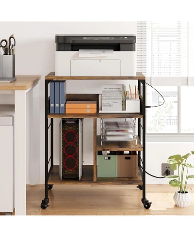 gaomon 3-Tier Mobile Printer Stand with Charging Station, Usb Ports, Storage Shelf, Under Desk Cart with Wheels for Living Room/Kitchen
