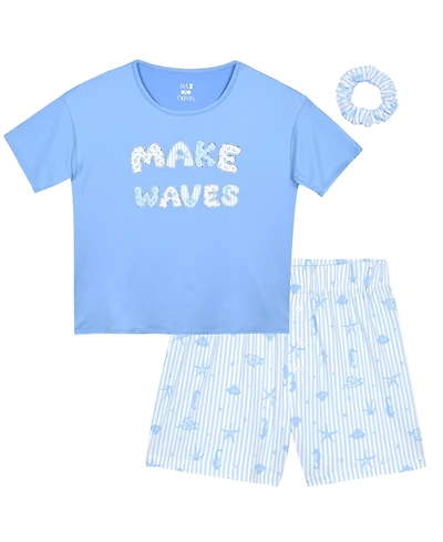 Max & Olivia Big Girls' Making Waves Top and Shorts Sleep Play, with Scrunchie, 3-Piece Set