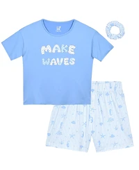 Max & Olivia Big Girls' Making Waves Top and Shorts Sleep Play, with Scrunchie, 3-Piece Set