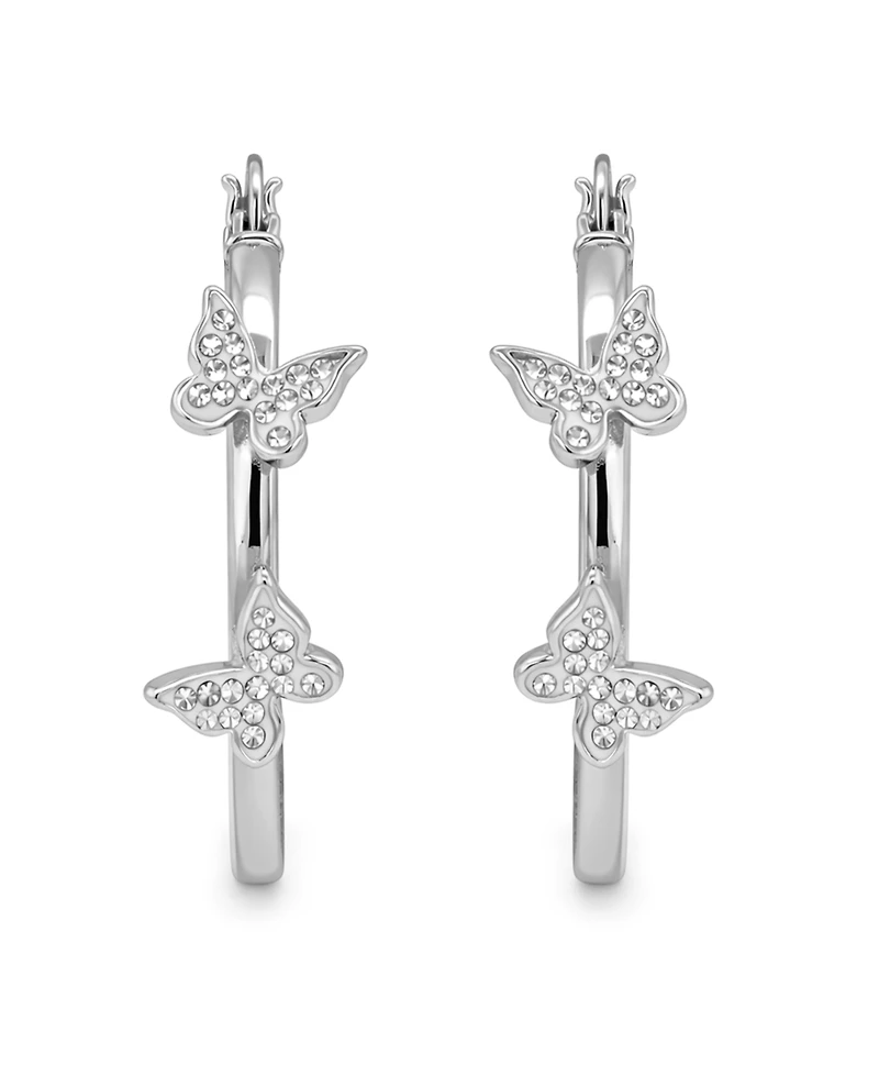 And Now This Hoop Earring with Clear Crystal Butterflies Silver Plate or Gold