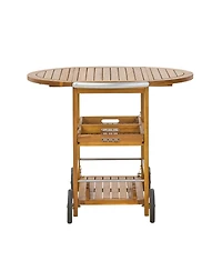 Streamdale Furniture Acacia Wood Bar Cart Foldable Top and Trays, Rolling Patio Server