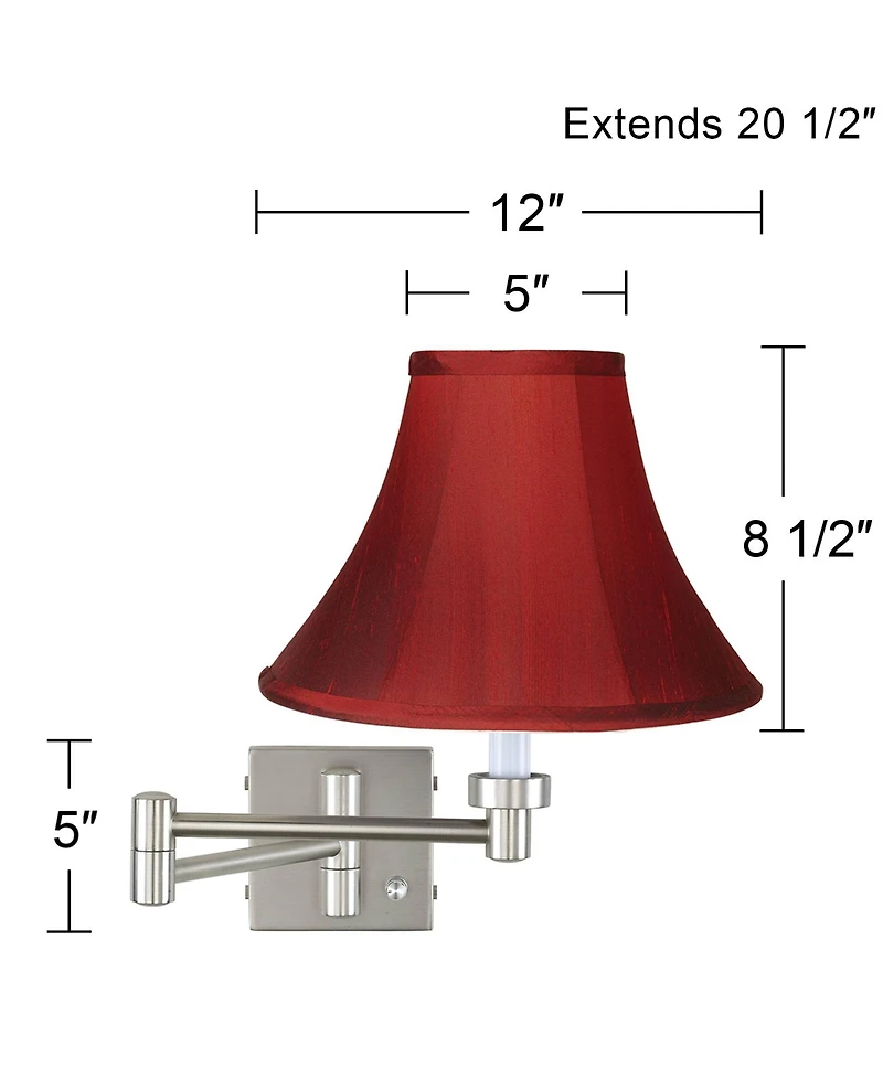 Possini Euro Design Modern Swing Arm Wall Lamp Brushed Nickel Plug-In Light Fixture Deep Red Dupioni Silk Bell Shade for Bedroom