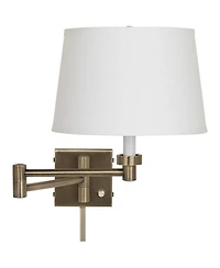 Barnes and Ivy Modern Swing Arm Wall Lamp with Cord Cover Antique Brass Plug-In Light Fixture White Linen Drum Shade for Bedroom