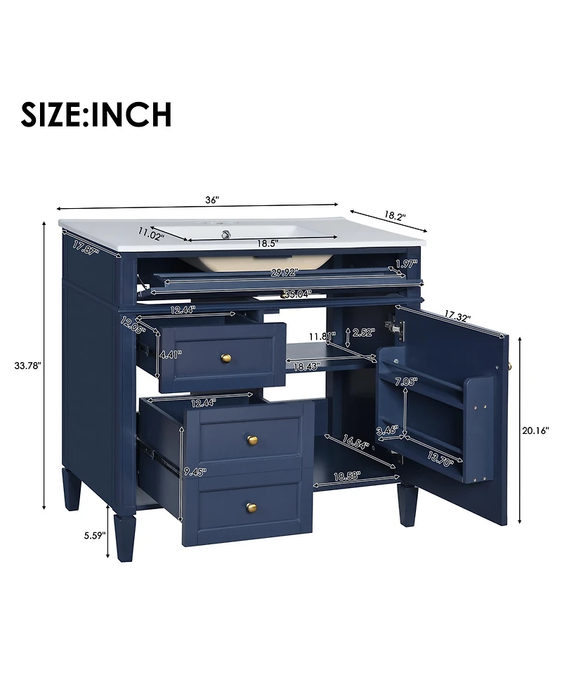 Casainc 36" Bathroom Vanity with Top Sink, Single Sink Bathroom Storage Cabinet with 2 Drawers and Tip-Out Drawer