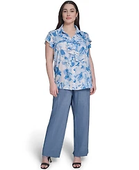 Calvin Klein Plus Cap-Sleeve Ruffle-Front Collared Top