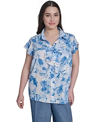 Calvin Klein Plus Cap-Sleeve Ruffle-Front Collared Top