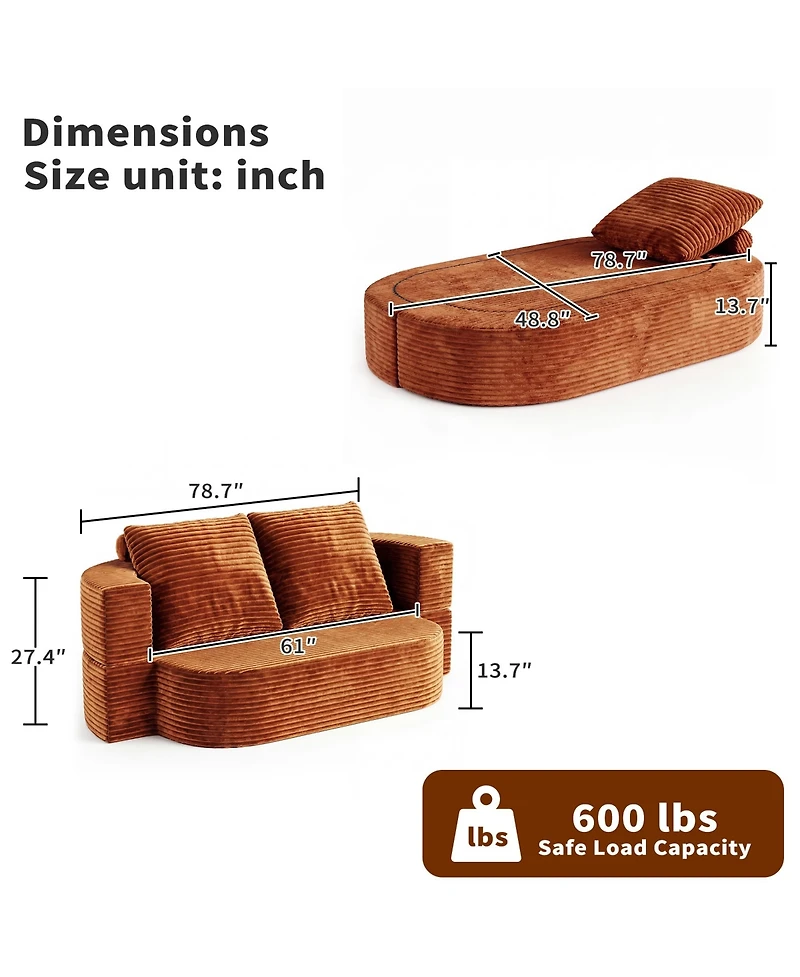 Rainsken 78.7" Convertible Curved Floor Sofa Bed, Plush Corduroy and Foam-Filled Sleeper Couch, Futon Loveseat for Living Room