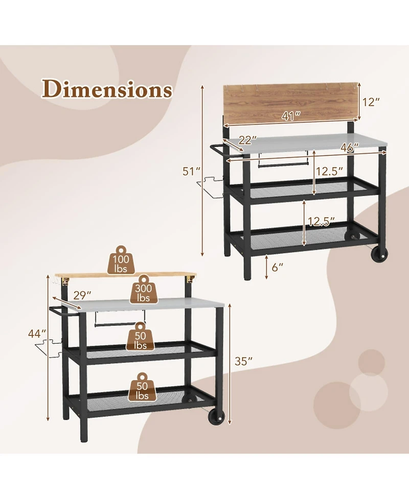 Gouun Rolling 3-Tier Bar Cart with Flip-Up Table, Hooks, and Wheels