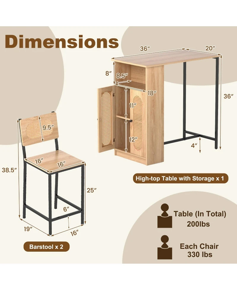 Gouun 3-Piece Bar Table and Chairs Set with Storage Shelves and Footrests