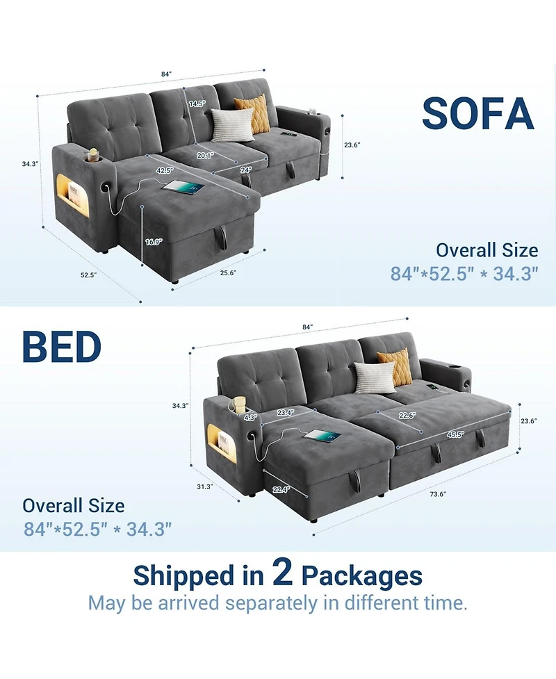 gaomon 84 in Sleeper Sofa Couch, L-Shaped Sofa, Convertible Pull Out Sofa Bed with Storage, Charging Station, Led Lights