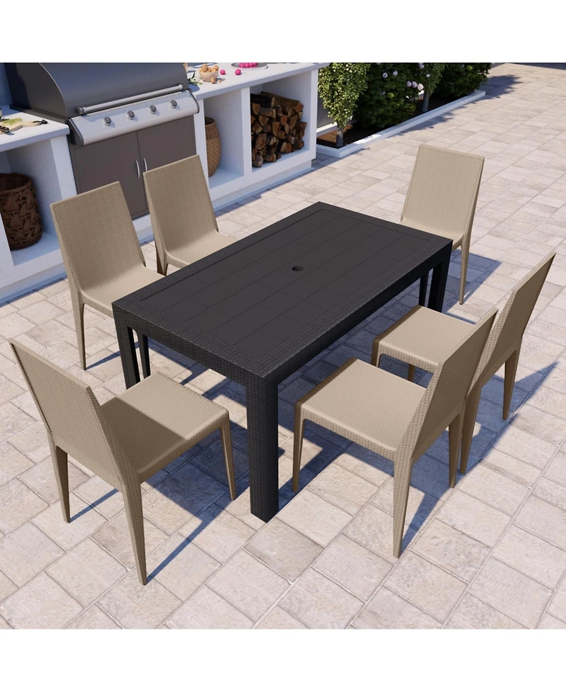 LeisureMod Hickory Set of 2 Stackable Indoor/Outdoor Dining Chairs in Resin Wicker and Polypropylene, Lightweight and Durable