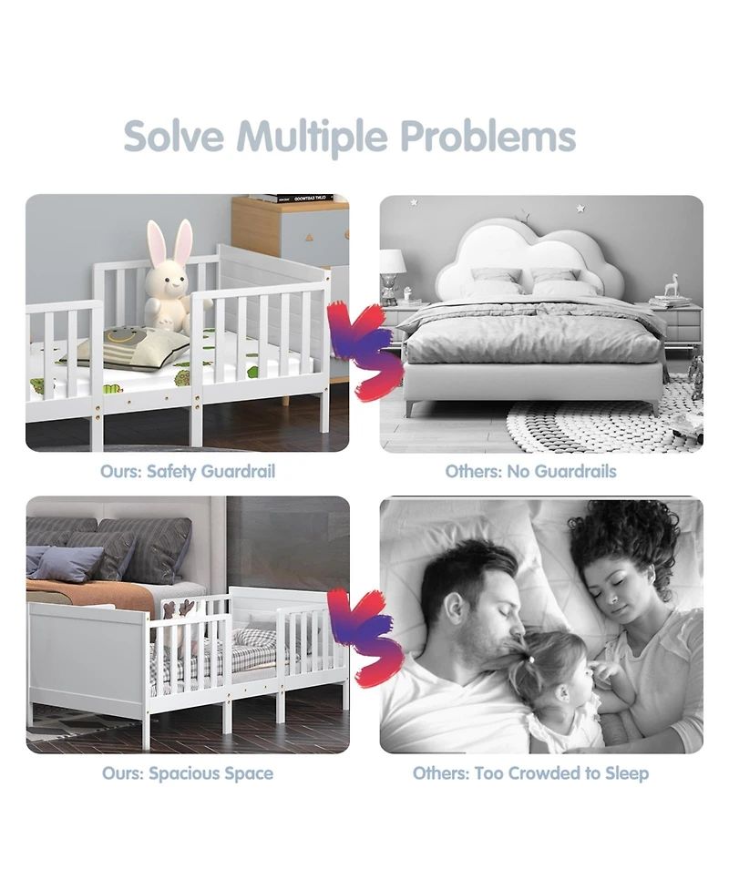 Sugift 2 in 1 Convertible Kids Wooden Bed Furniture with Guardrails