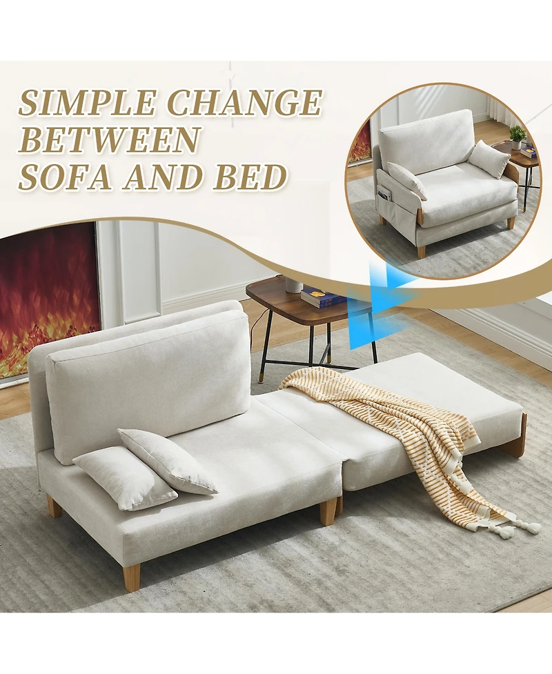 Rainsken Convertible Sleeper Sofa Bed, Chenille Upholstered Lounge Recliner with 3 Pillows and Side Pocket for Living Room, Bedroom and Home Office