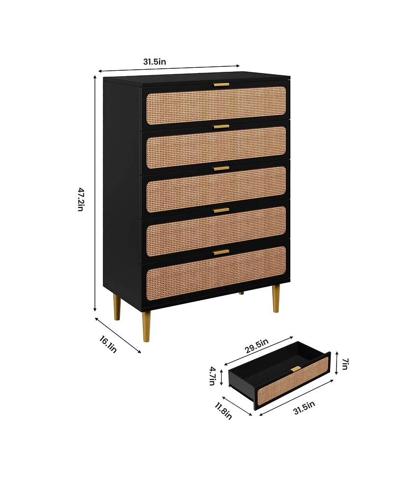 gaomon Rattan Dresser with 5 Drawers, Tall Modern Closet with Deep Storage