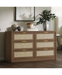 gaomon 53" Rattan Dresser - 6-Drawer Wooden Chest with Handles, Modern Storage Organizer with Smooth-Glide Drawers