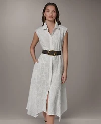 Donna Karan New York Womens Collared Neck Belted Midi Dress