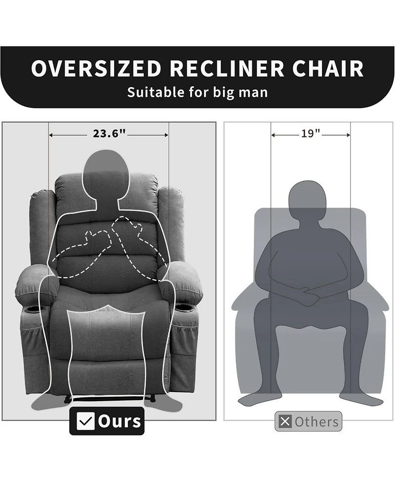 gaomon Wide Rocker Recliner Chair for Adults, Manual Oversized Chairs w/Armrest, Backrest, 2 Cup Holders, Side Pocket