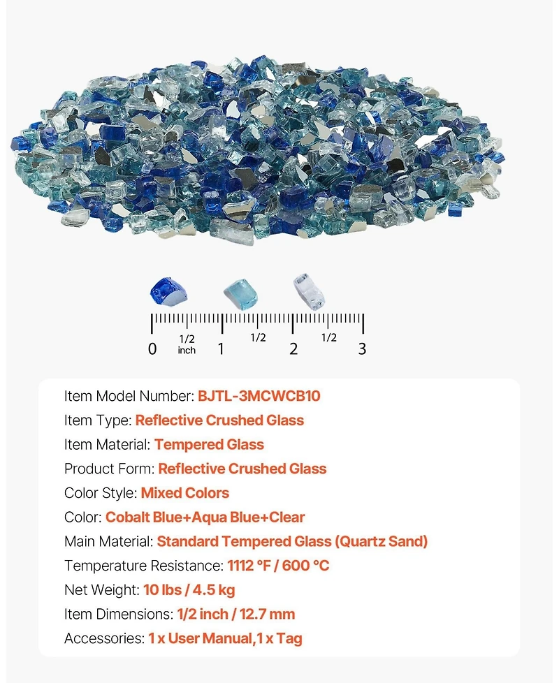 Sugift 10 Lbs Reflective Firepit Glass Rock 1/2 in Tempered Fire Glass