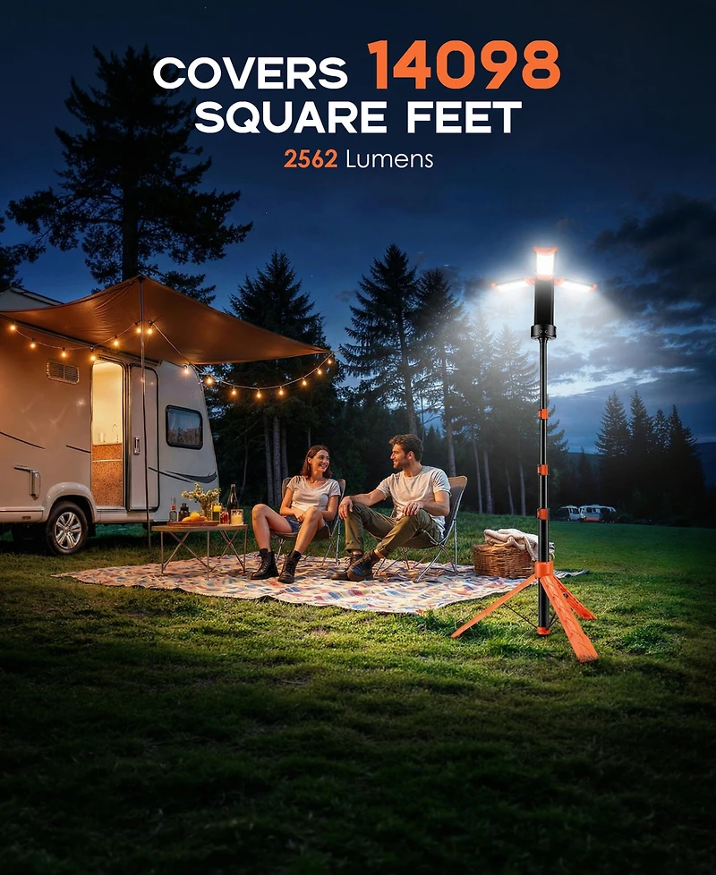 Rechargeable 10000mAh Camping Light Cordless Work Light with Detachable Stand 6.5 ft Max Height, 3 Led Lamp Heads, 2500 Lumens Emergency Flashlight