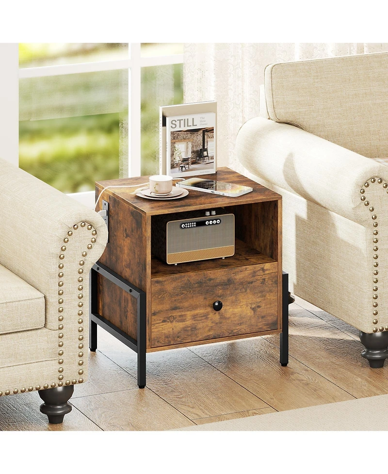 sumyeg Nightstand with Charging Station and Drawer Sofa Side Table