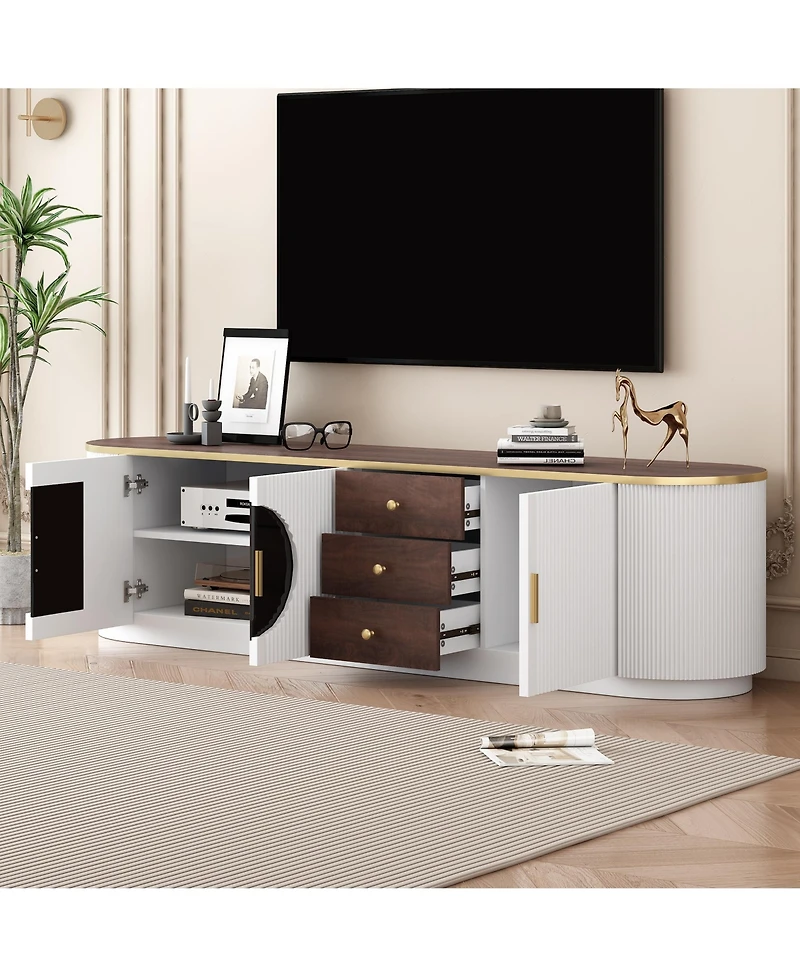 Rainsken Modern Tv Stand for TVs up to 80 Inches, Entertainment Center with 3 Drawers, 2 Cabinets and Metal Handles for Living room