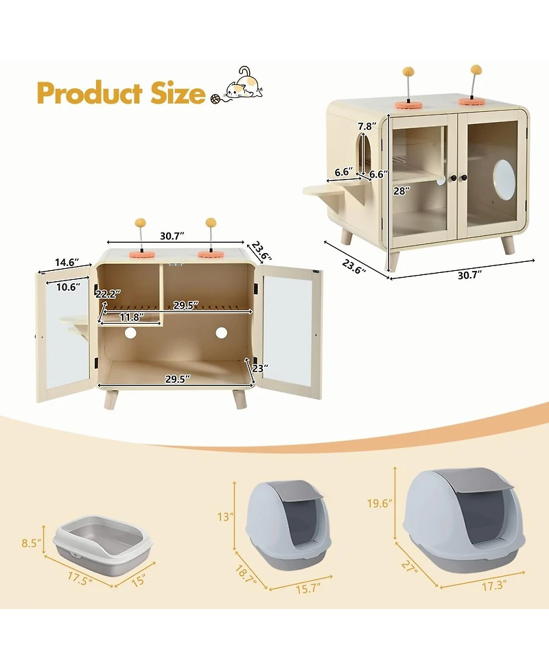 6thdruple Cat Pet House with Rgb Led Light, Glass Doors, Stairs, Hidden Litter Box Cabinet