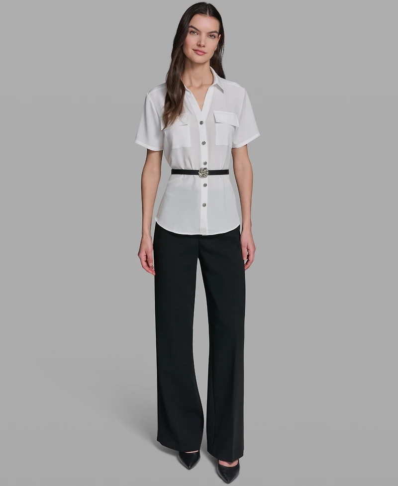 Karl Lagerfeld Paris Women's Belted Short-Sleeve Top