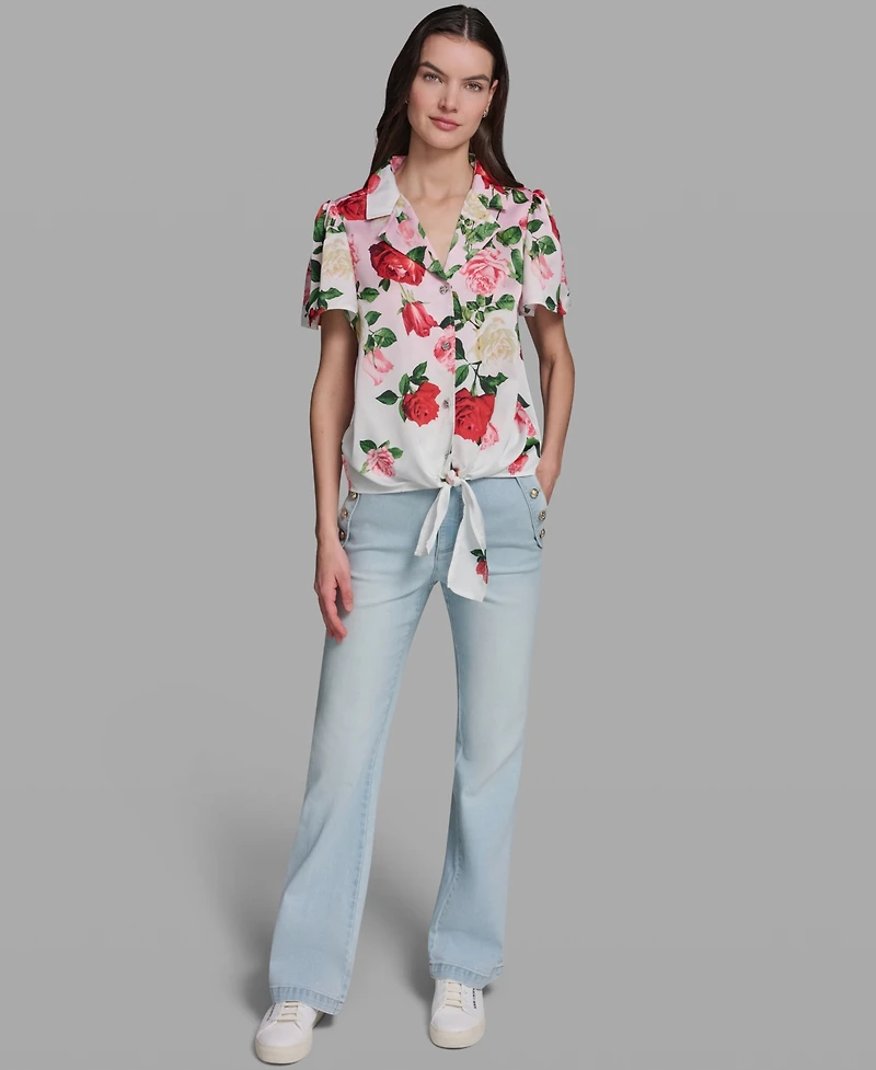 Karl Lagerfeld Paris Women's Printed Collared Tie-Front Polyester Top