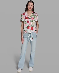 Karl Lagerfeld Paris Women's Printed Collared Tie-Front Polyester Top